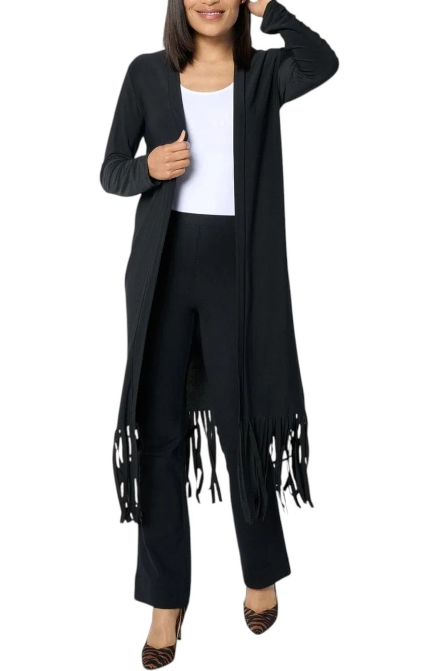 Attitudes by Renee Women's Como Jersey Fringe Duster Black - Regular